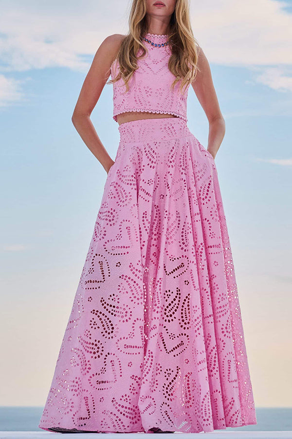 Zweiteiliges Set mit Stickereien und langem High-Waist-Rock mit Taschen