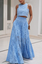 Zweiteiliges Set mit Stickereien und langem High-Waist-Rock mit Taschen