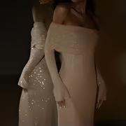 Sexy schulterfreies Bodycon-Kleid mit Pailletten und ausgestellten Ärmeln