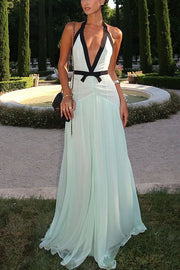 Avanelle – Color Block Halter Bow Maxi Dress