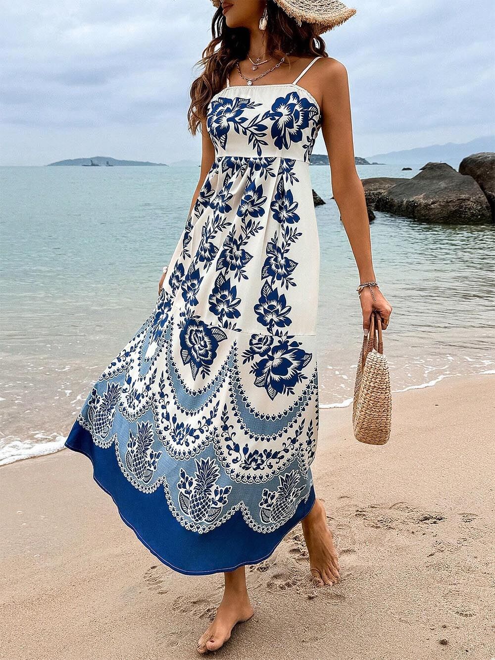 Ethnisch bedrucktes Midi-Kleid mit floralem Muster, gerafftem Rückenteil und lockerem Schnitt