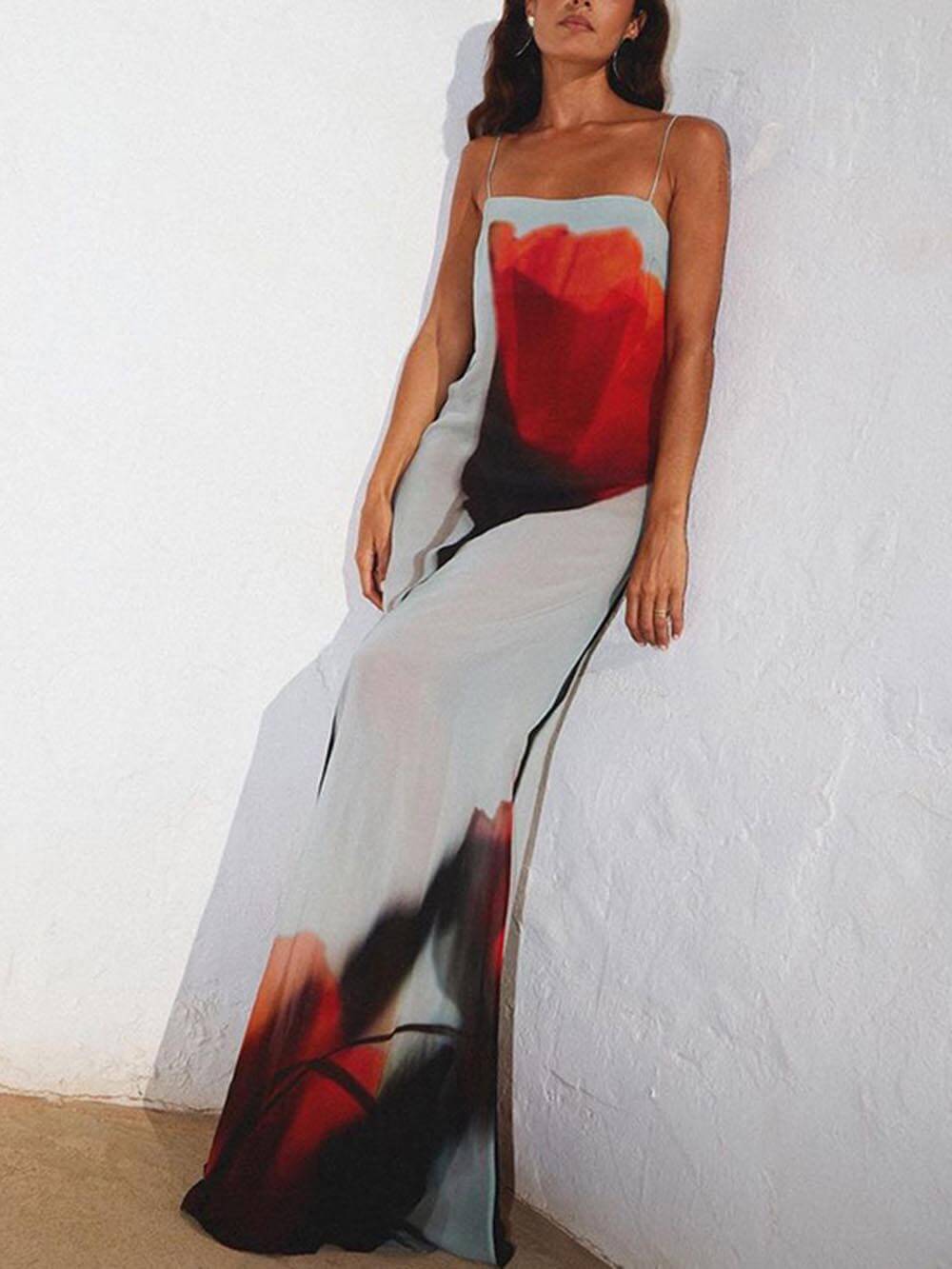 Maxikleid im H-Linien-Schnitt mit abstraktem Tulpenprint für den Urlaub
