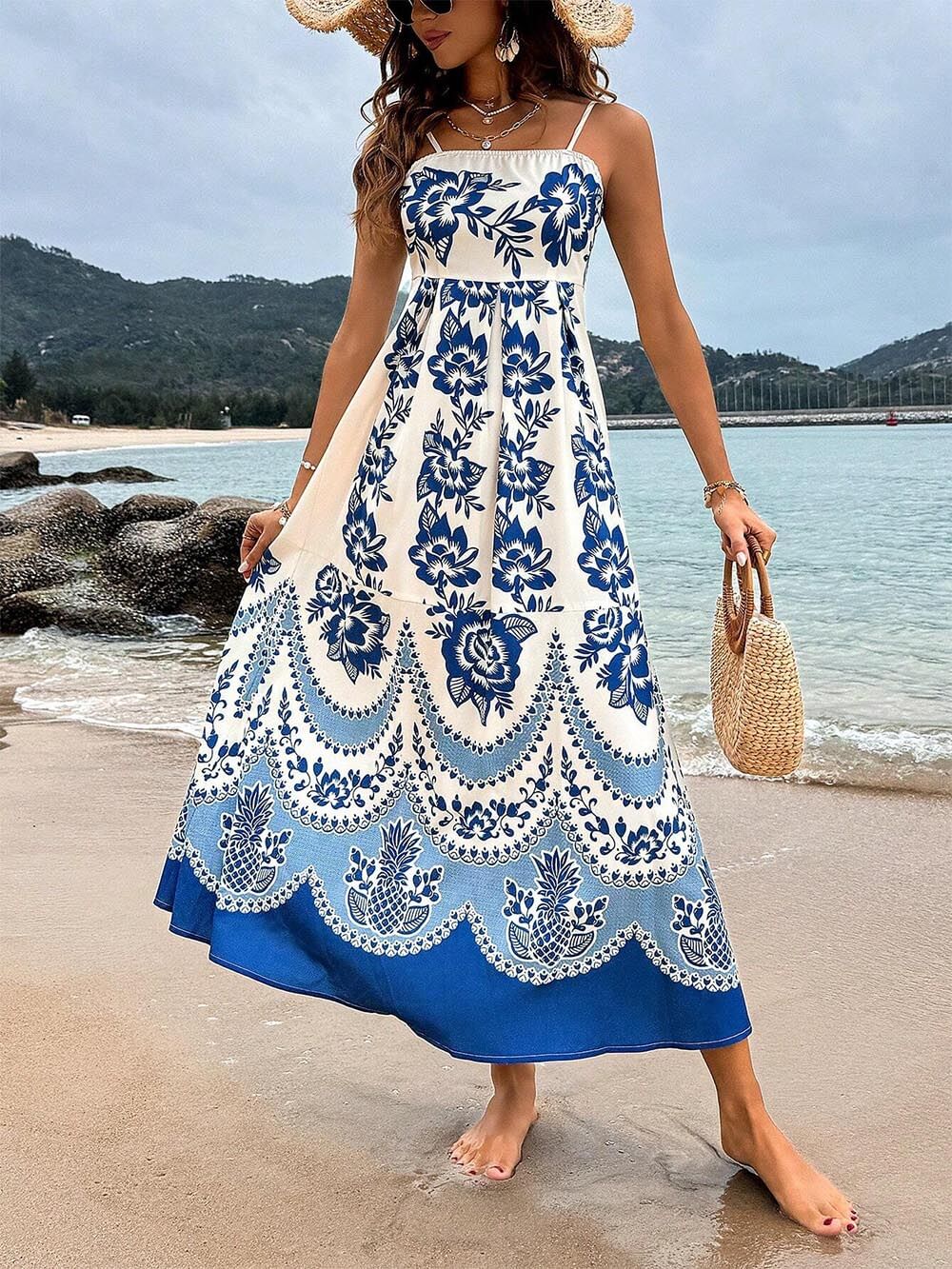 Ethnisch bedrucktes Midi-Kleid mit floralem Muster, gerafftem Rückenteil und lockerem Schnitt