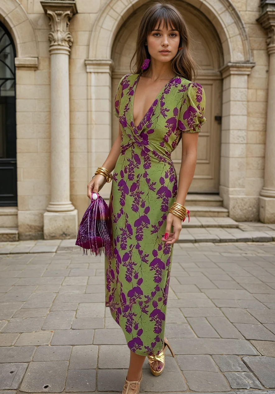Carina – Langes Damenkleid mit Blumenmuster, V-Ausschnitt und kurzen Ärmeln – Eleganz und Komfort