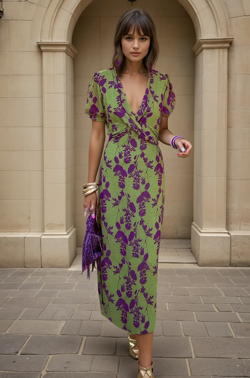 Carina | Langes Damenkleid mit Blumenmuster, V-Ausschnitt und kurzen Ärmeln | Eleganz und Komfort