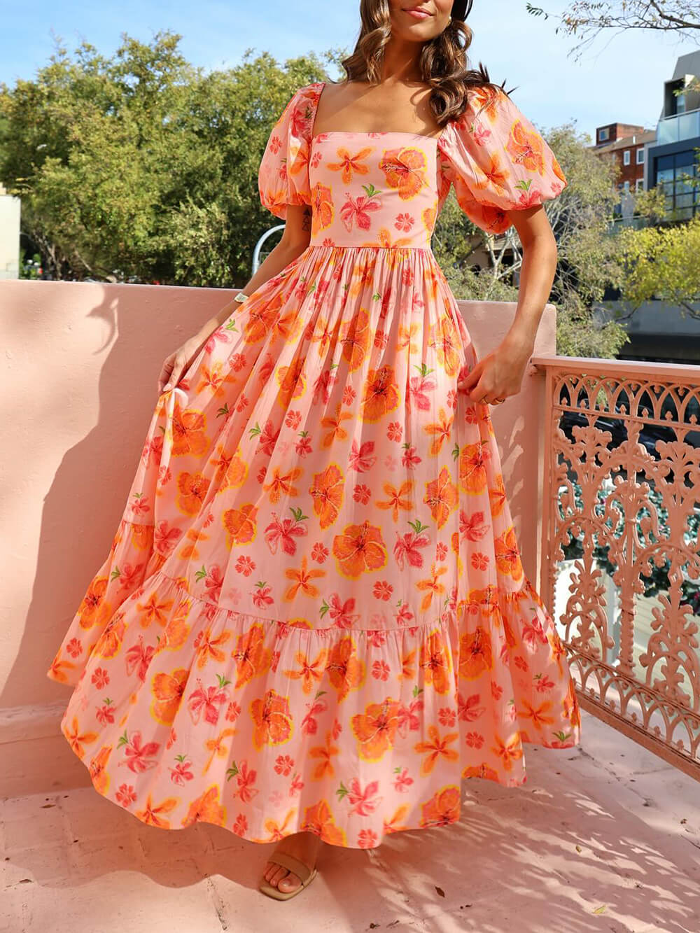 Maxikleid mit Puffärmeln, Blumenmuster, gerafftem Rücken und Tasche