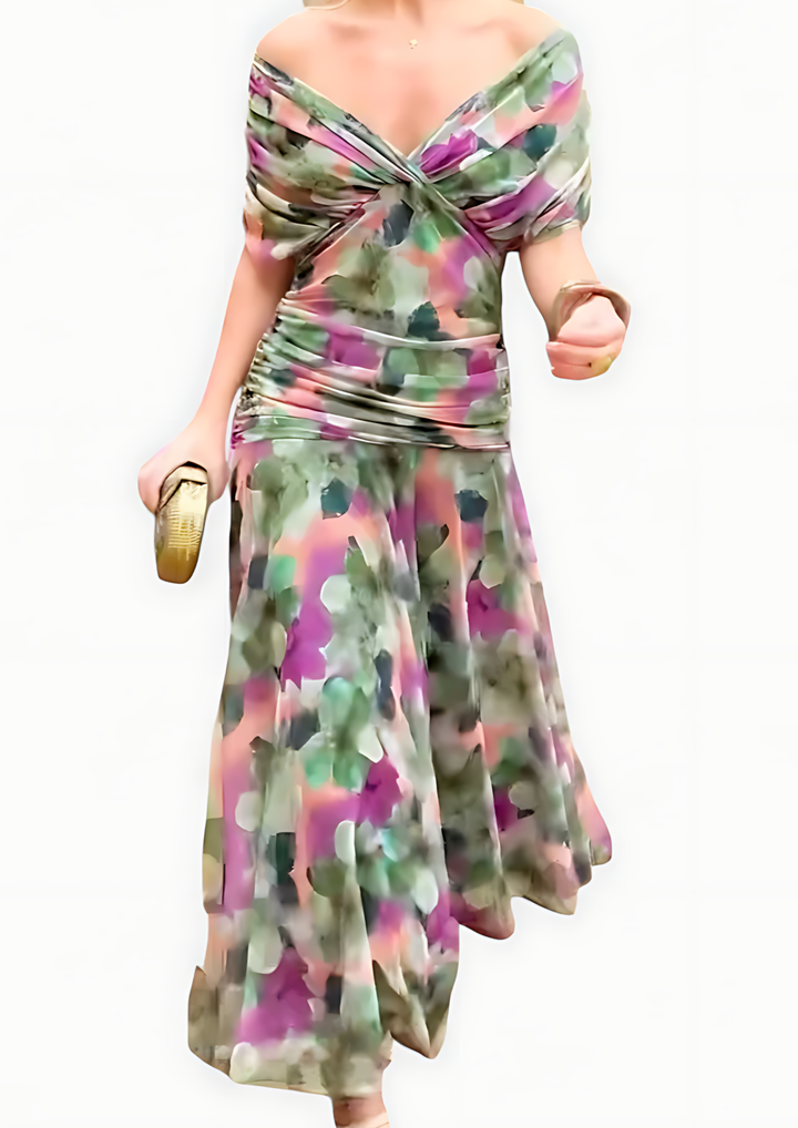 Aure Maxikleid mit Fantasie-Blumenmuster und V-Ausschnitt - Grüne Blumen