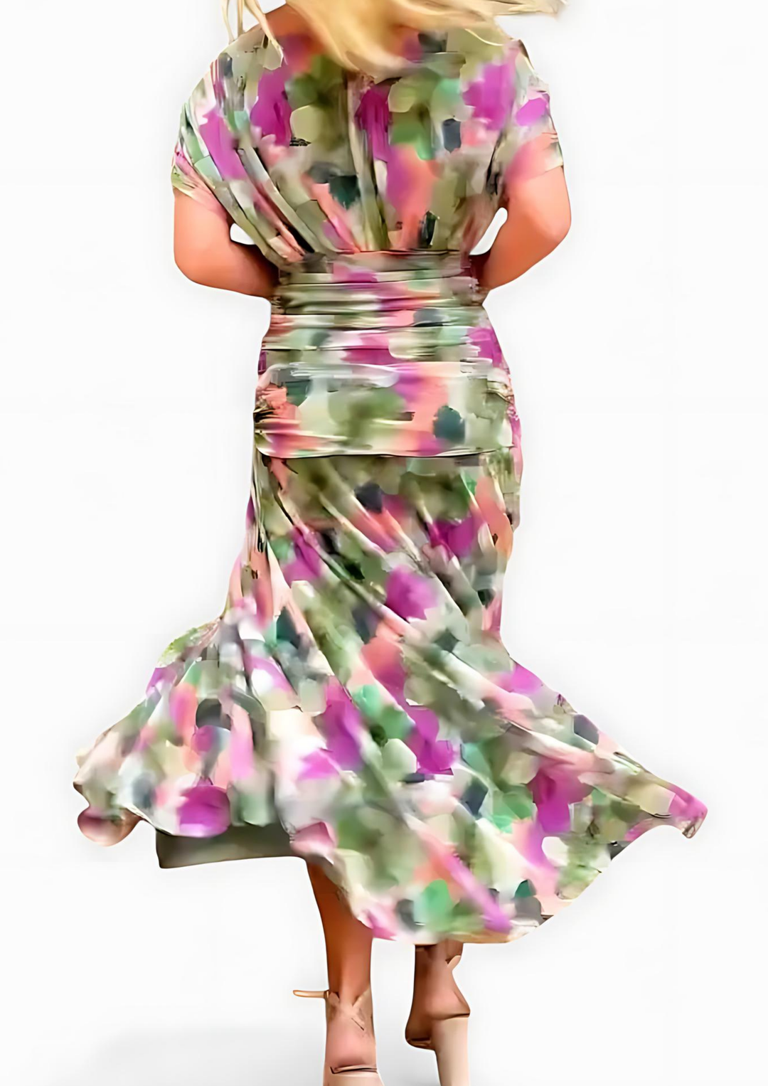 Aure Maxikleid mit Fantasie-Blumenmuster und V-Ausschnitt - Grüne Blumen