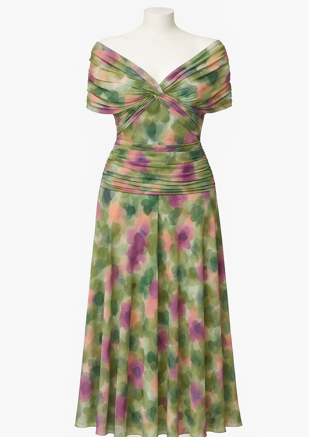 Aure Maxikleid mit Fantasie-Blumenmuster und V-Ausschnitt - Grüne Blumen