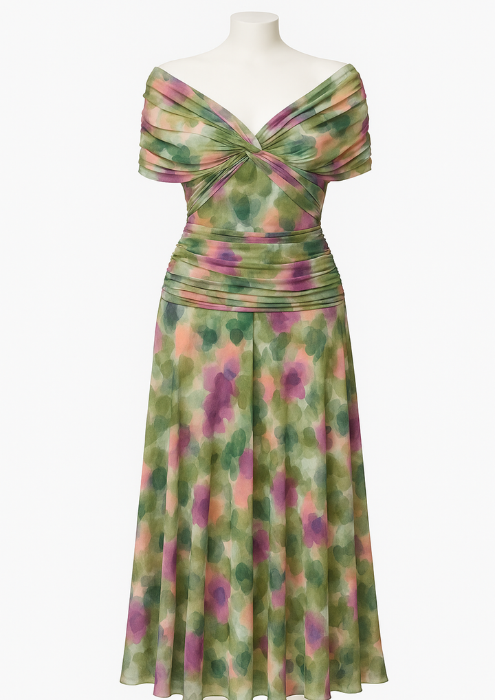 Aure Maxikleid mit Fantasie-Blumenmuster und V-Ausschnitt - Grüne Blumen