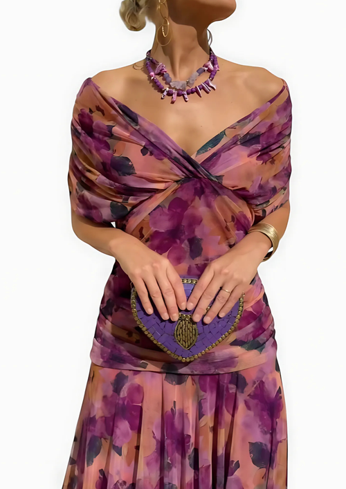 Aure Maxikleid mit Fantasie-Blumenmuster und V-Ausschnitt - Rosa Blumen