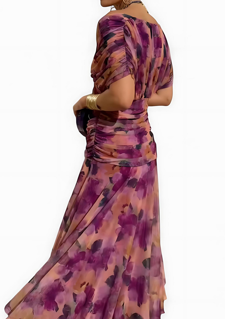 Aure Fantasy Floral Print V-Neck Maxi Dress in Pink