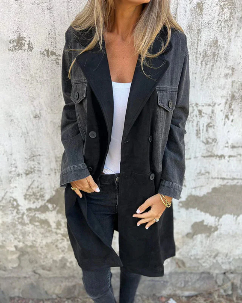 Concetta Denim and Faux Leather Tailored Outerwear Coat