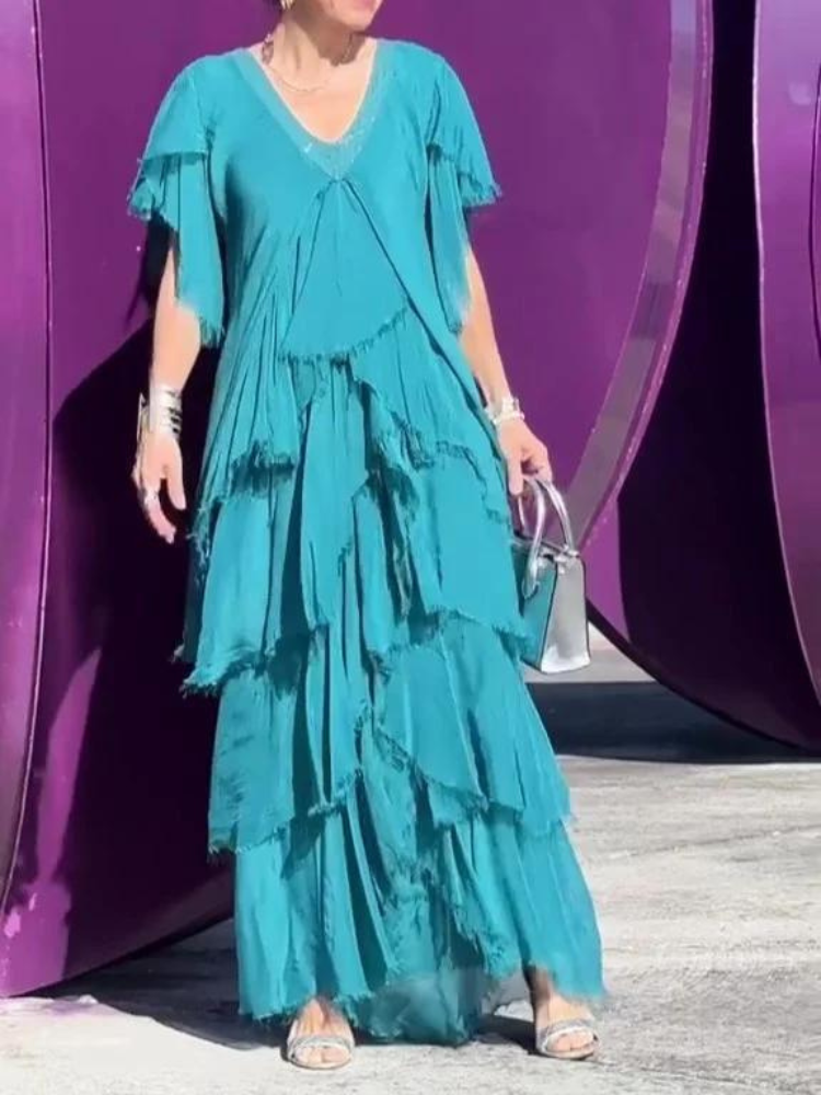 SAVANE | Elegantes, Fließendes Langarmkleid mit V-Ausschnitt