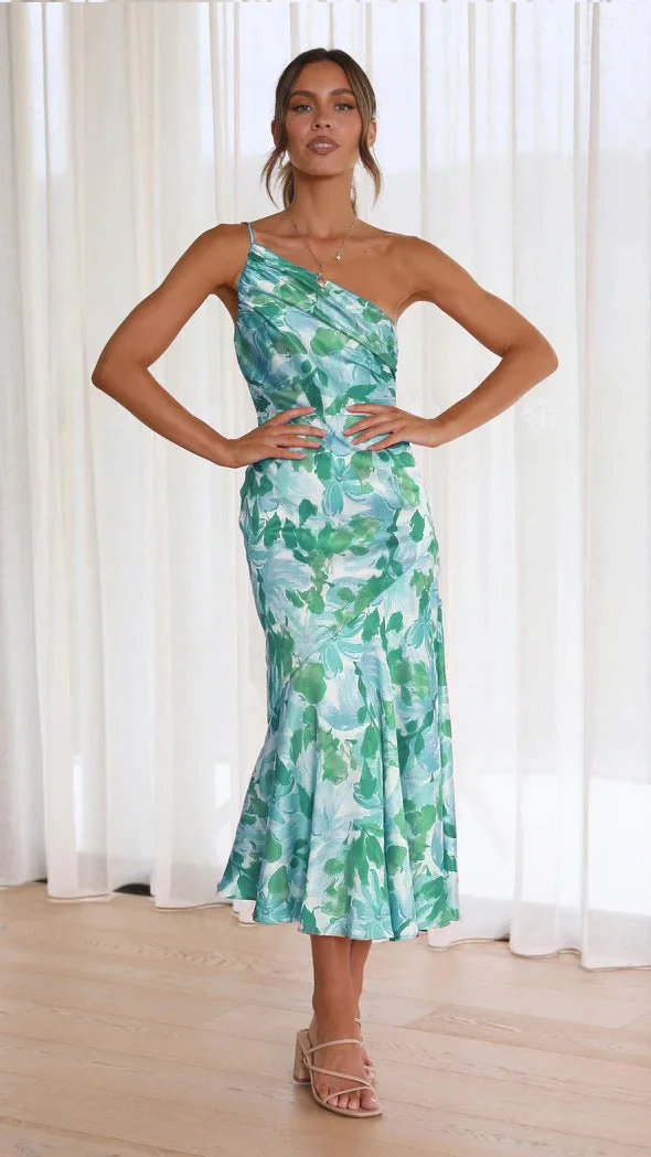 Geblümtes Satin-Kleid mit Raffung und One-Shoulder-Design