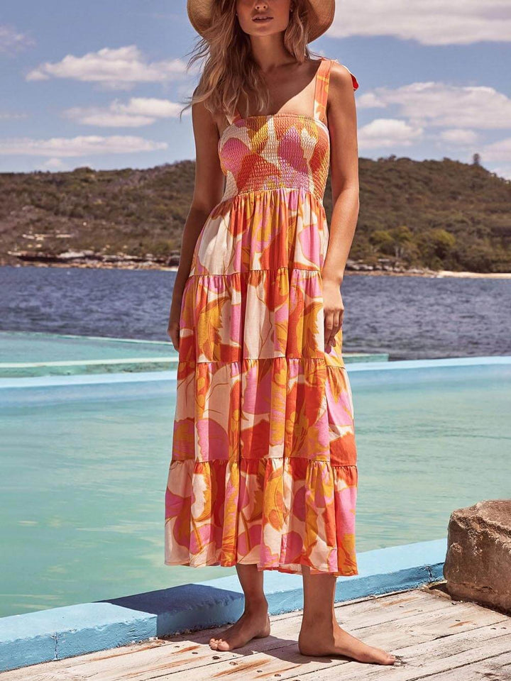 Ärmelloses Cami-Kleid mit Meeresschmuck-Motiv, plissiertem Stretch und Brustprint