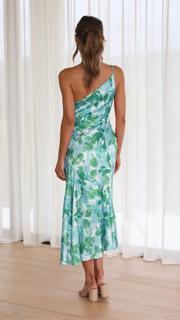 Geblümtes Satin-Kleid mit Raffung und One-Shoulder-Design