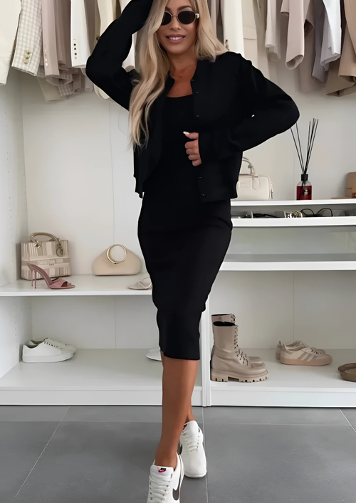 Miru Midi Kleid & Cardigan Set - Schwarz