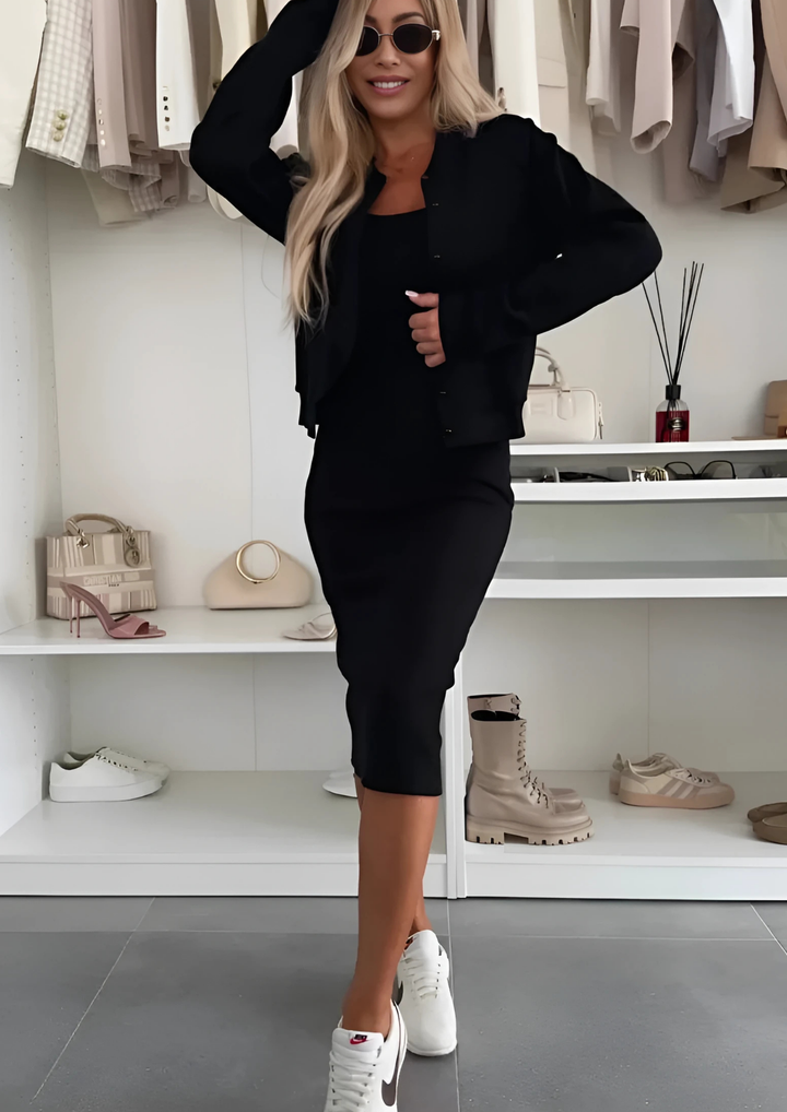 Miru Midi Kleid & Cardigan Set - Schwarz