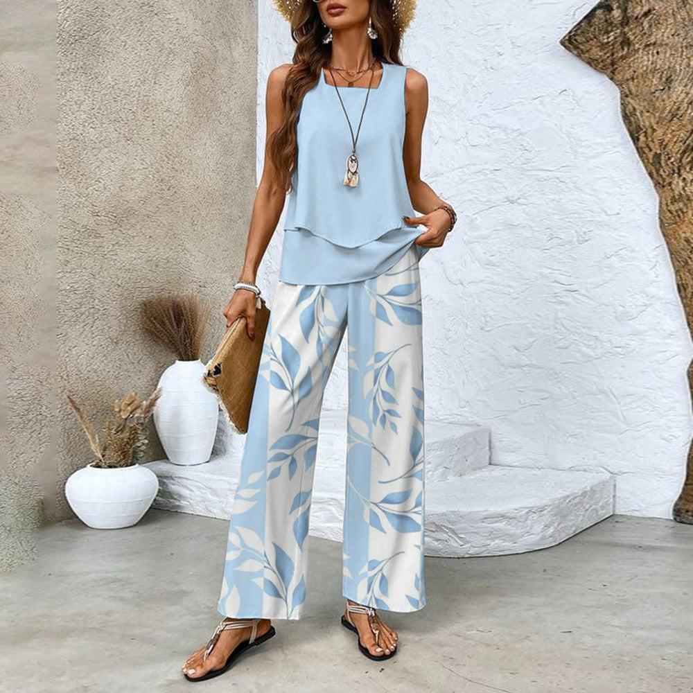 Colette – Zweiteiliges blaues Set mit Blumenmuster und quadratischem Ausschnitt
