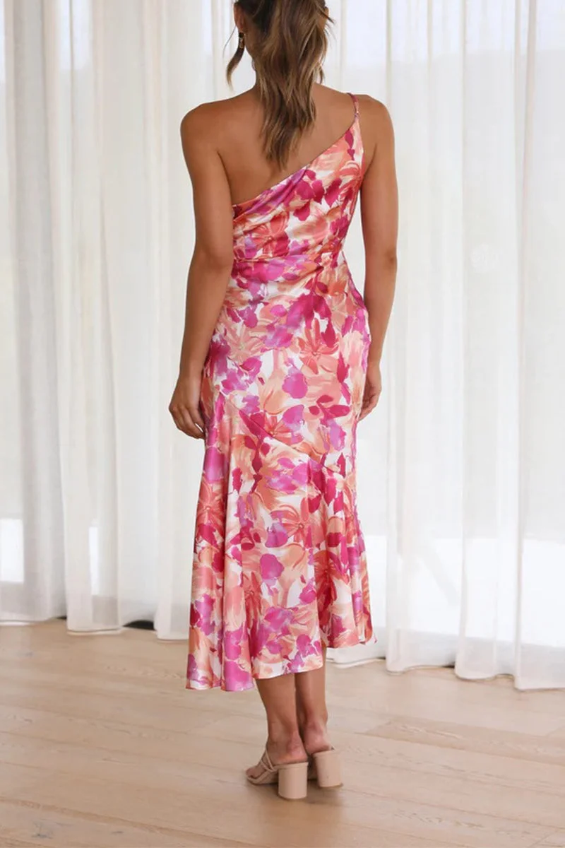 Geblümtes Satin-Kleid mit Raffung und One-Shoulder-Design