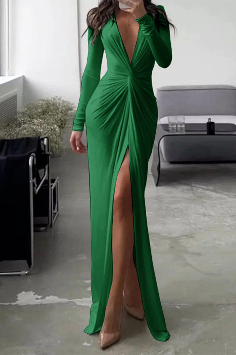Kalani – Stilvolles Plisseekleid mit V-Ausschnitt, langen Ärmeln und Beinschlitz