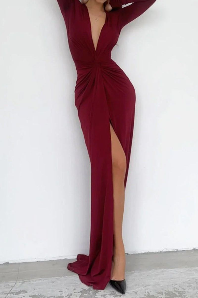 Kalani – Stilvolles Plisseekleid mit V-Ausschnitt, langen Ärmeln und Beinschlitz