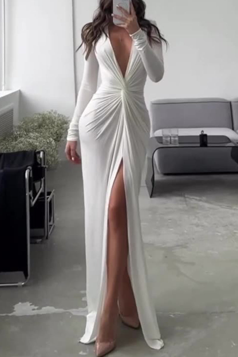 Kalani – Stilvolles Plisseekleid mit V-Ausschnitt, langen Ärmeln und Beinschlitz