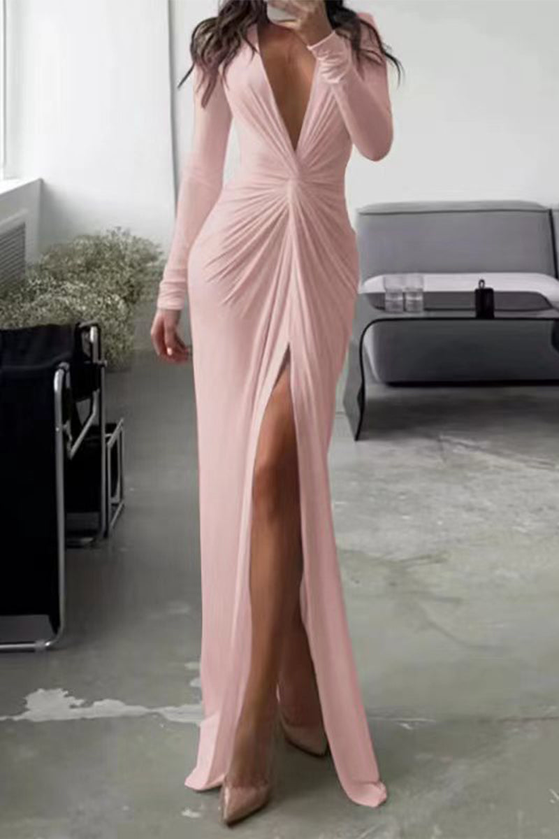 Kalani – Stilvolles Plisseekleid mit V-Ausschnitt, langen Ärmeln und Beinschlitz