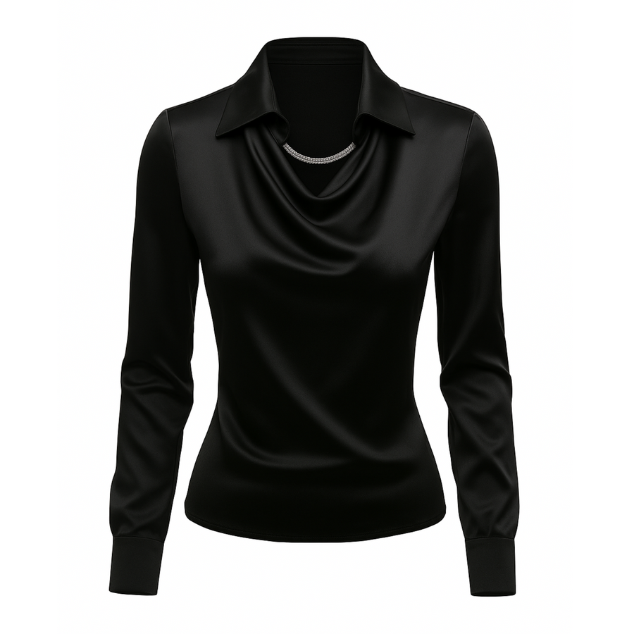 Lynn Draped Satin Blouse in Black