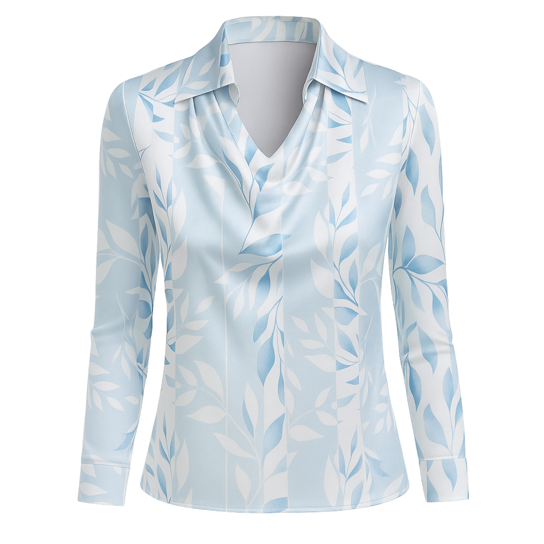 Lynn Elegante Bluse - Hellblau mit Blattmuster
