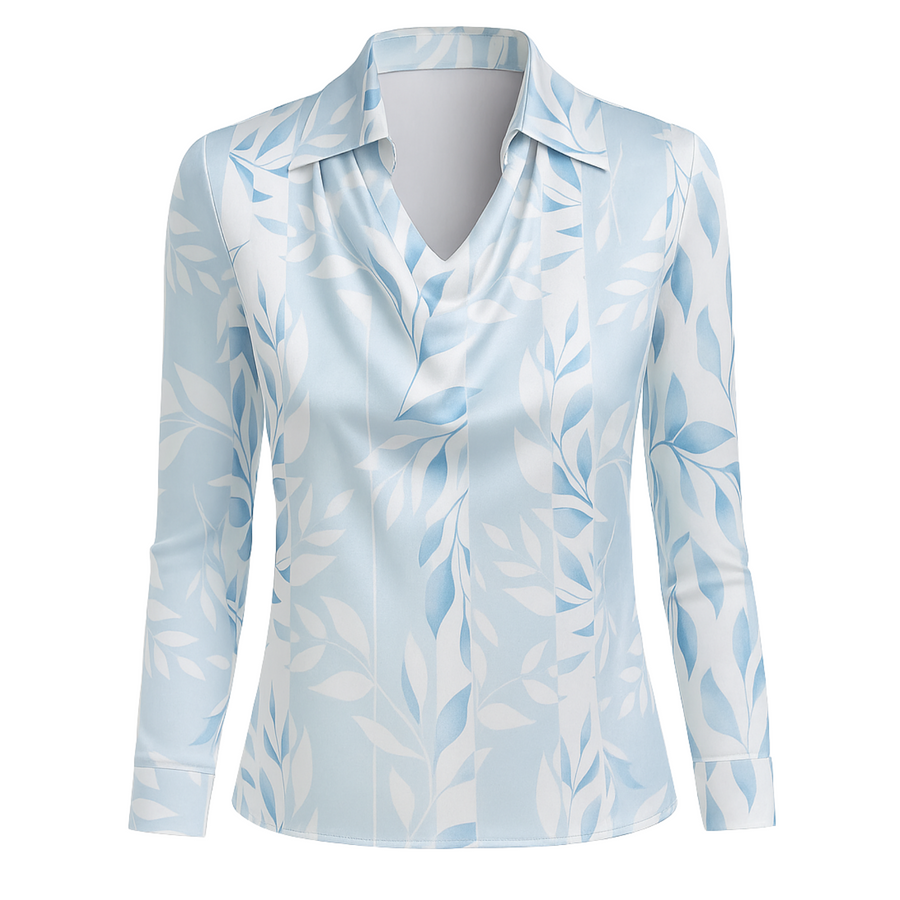 Lynn Draped Leaf-Print Blouse in Light Blue
