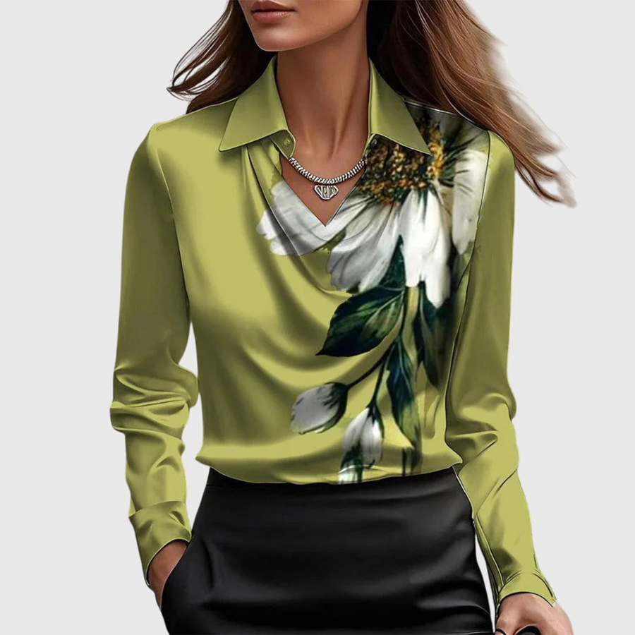Lynn Elegant Shimmer Blouse in Green Floral