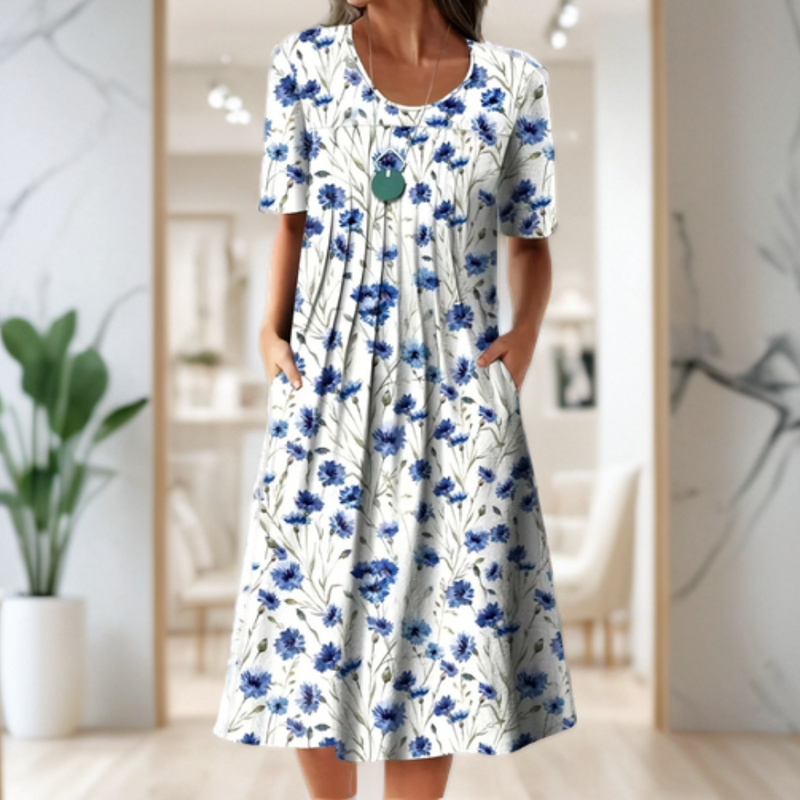 Weites Kleid mit Rundhalsausschnitt, Dreiviertelärmeln und bedrucktem Design