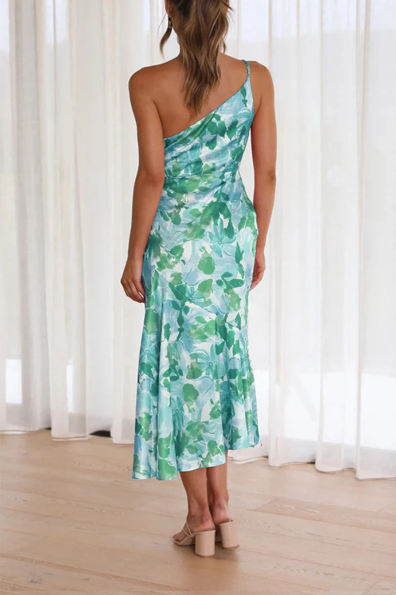 Geblümtes Satin-Kleid mit Raffung und One-Shoulder-Design