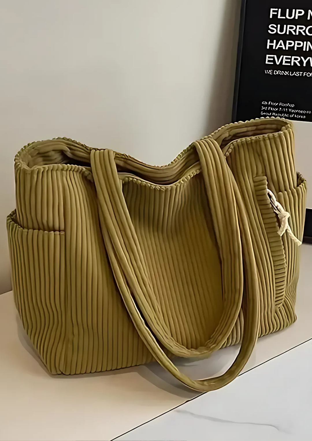 Elaria Gerippte Tragetasche mit Kordel-Detail - Senf