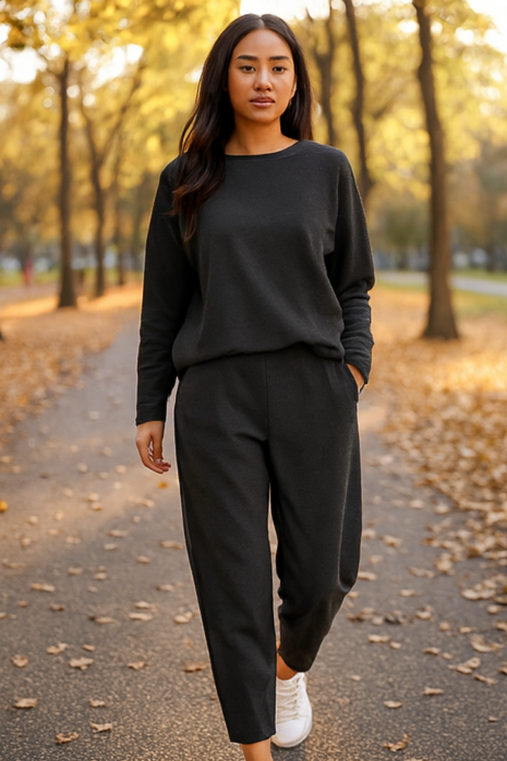 Alie Zweiteiler mit Rundhals & Langarm - Schwarz