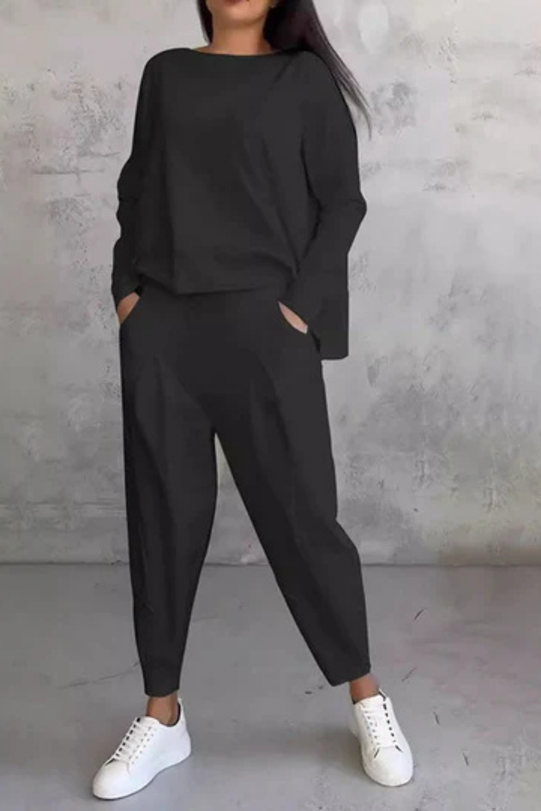 Alie Zweiteiler mit Rundhals & Langarm - Schwarz