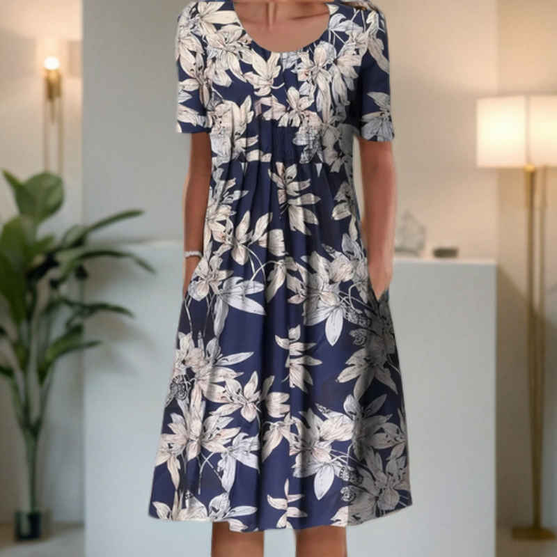 Weites Kleid mit Rundhalsausschnitt, Dreiviertelärmeln und bedrucktem Design