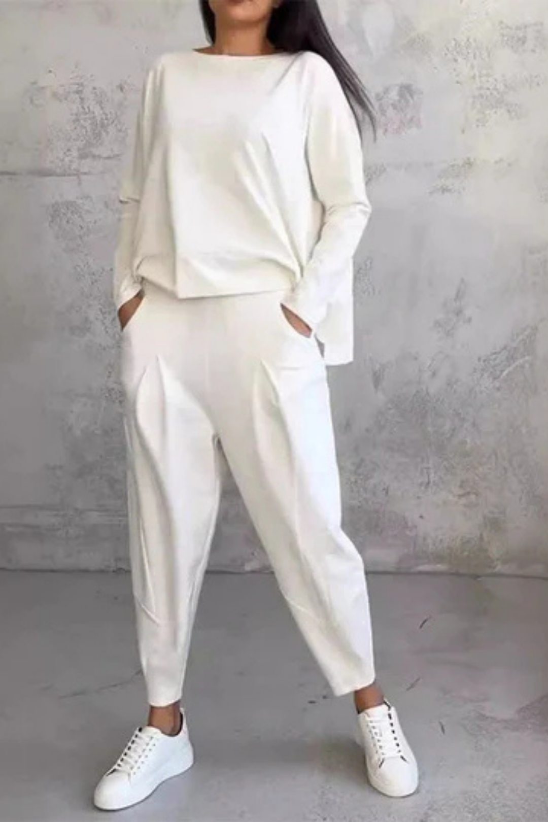 Alie Zweiteiler mit Rundhals & Langarm - Weiß