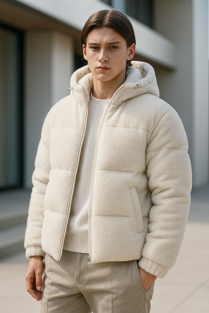 Kareem | Doudoune Sherpa Kapuzenjacke Beige Clair