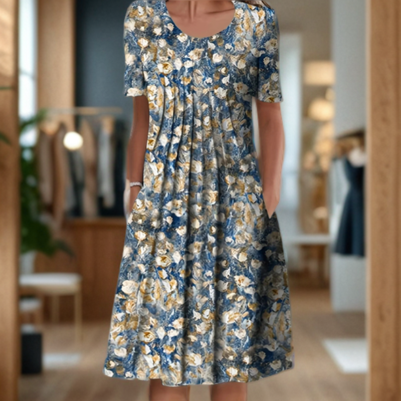 Weites Kleid mit Rundhalsausschnitt, Dreiviertelärmeln und bedrucktem Design