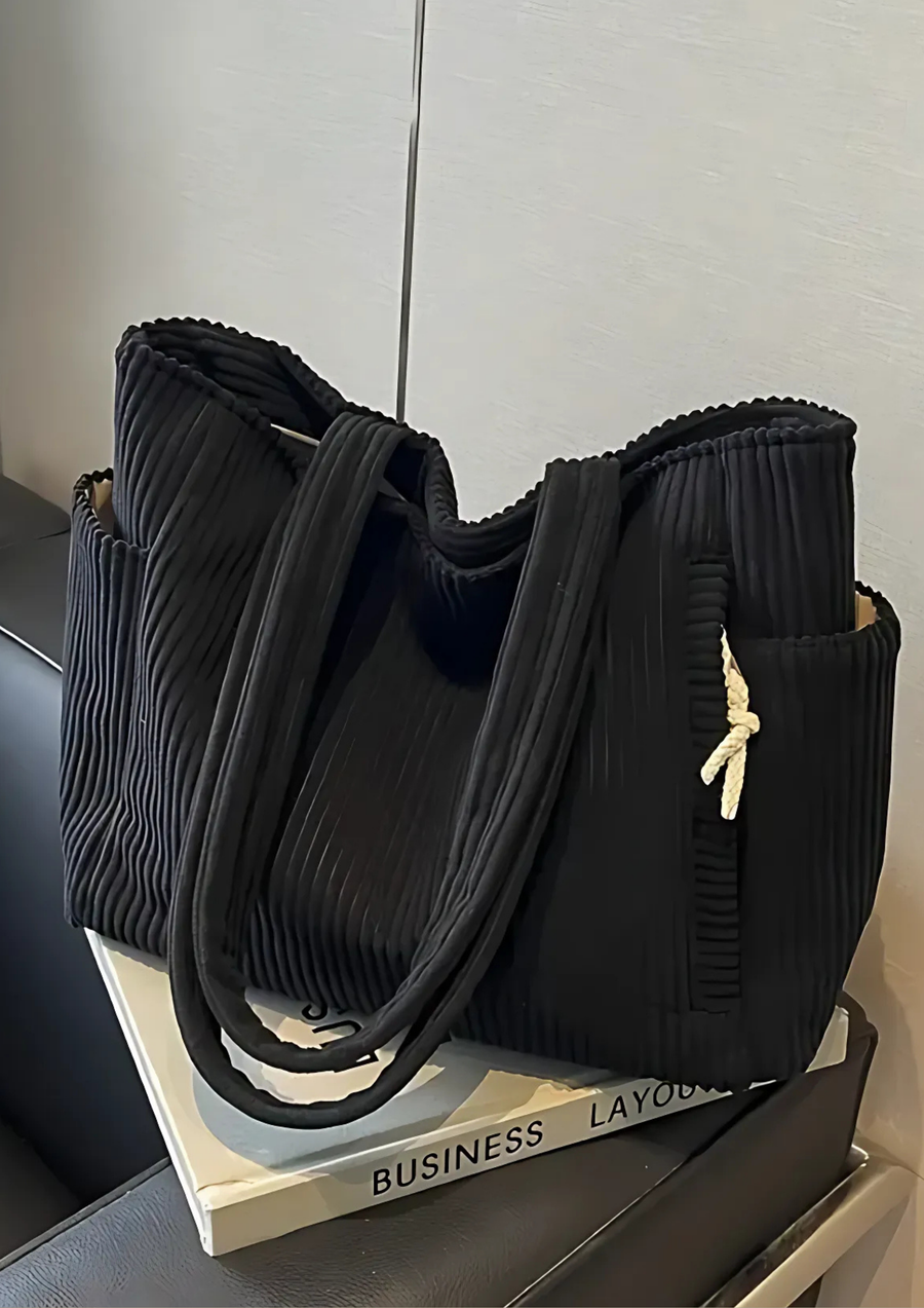 Elaria Ribbed Tote Bag with Drawstring Detail in Black