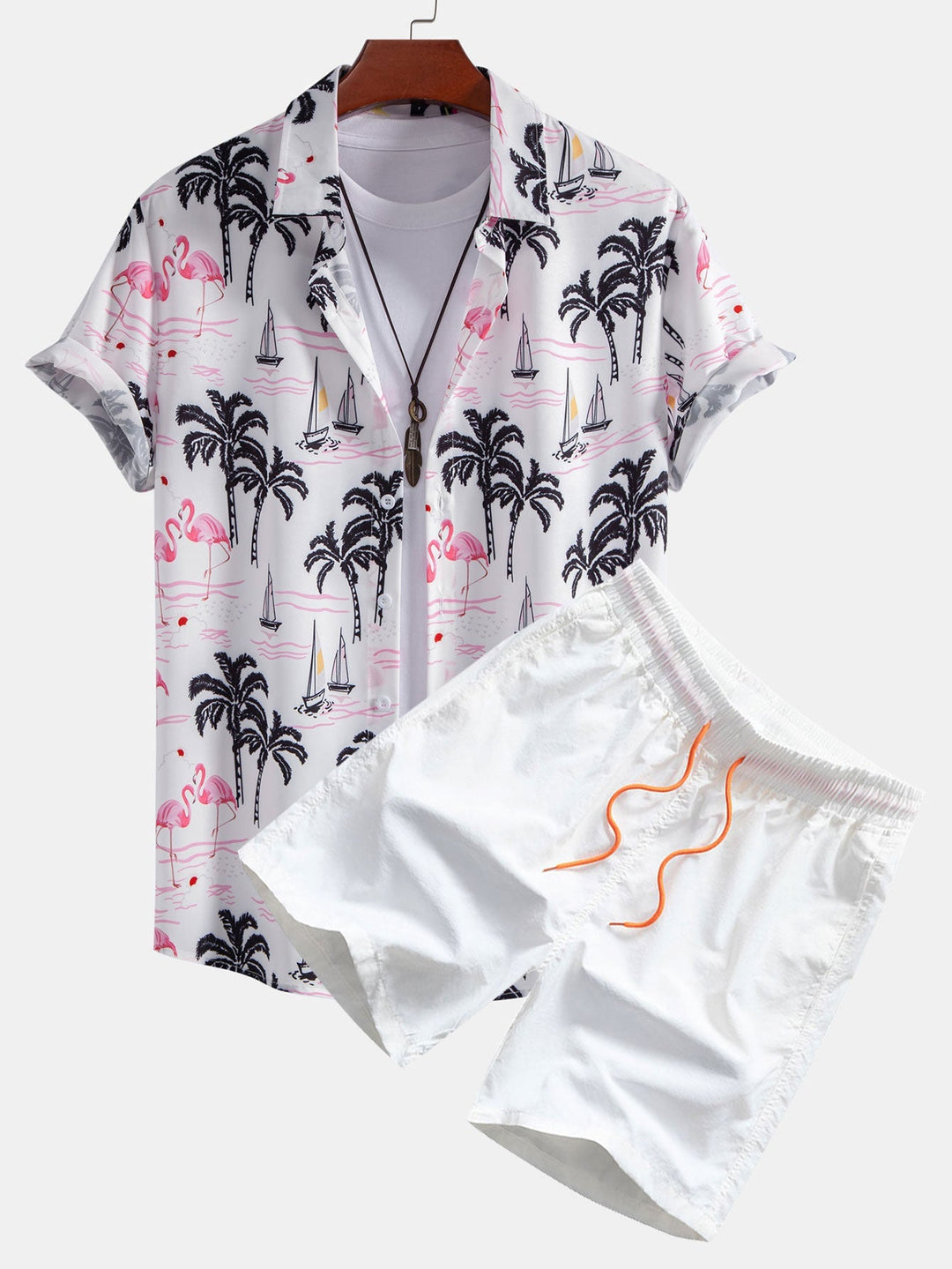 Hemd mit Palmen- und Flamingo-Print & Badehose mit Knopfleiste