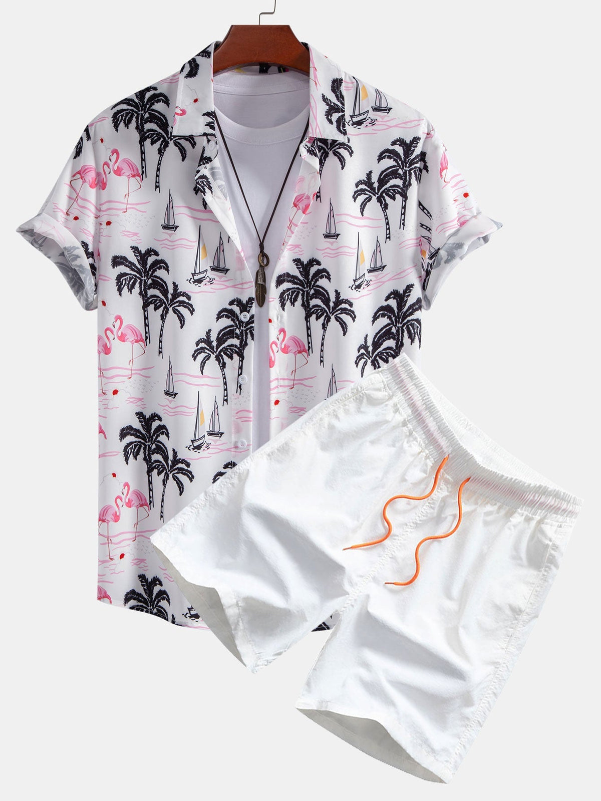 Hemd mit Palmen- und Flamingo-Print & Badehose mit Knopfleiste