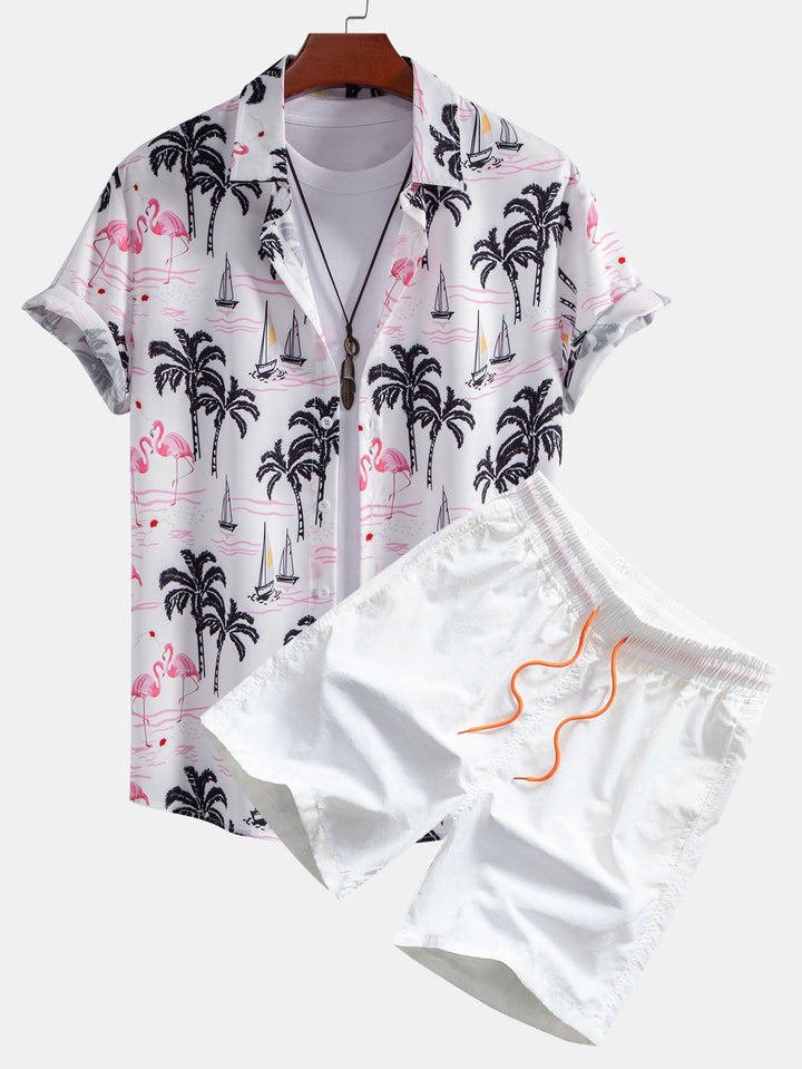 Hemd mit Palmen- und Flamingo-Print & Badehose mit Knopfleiste