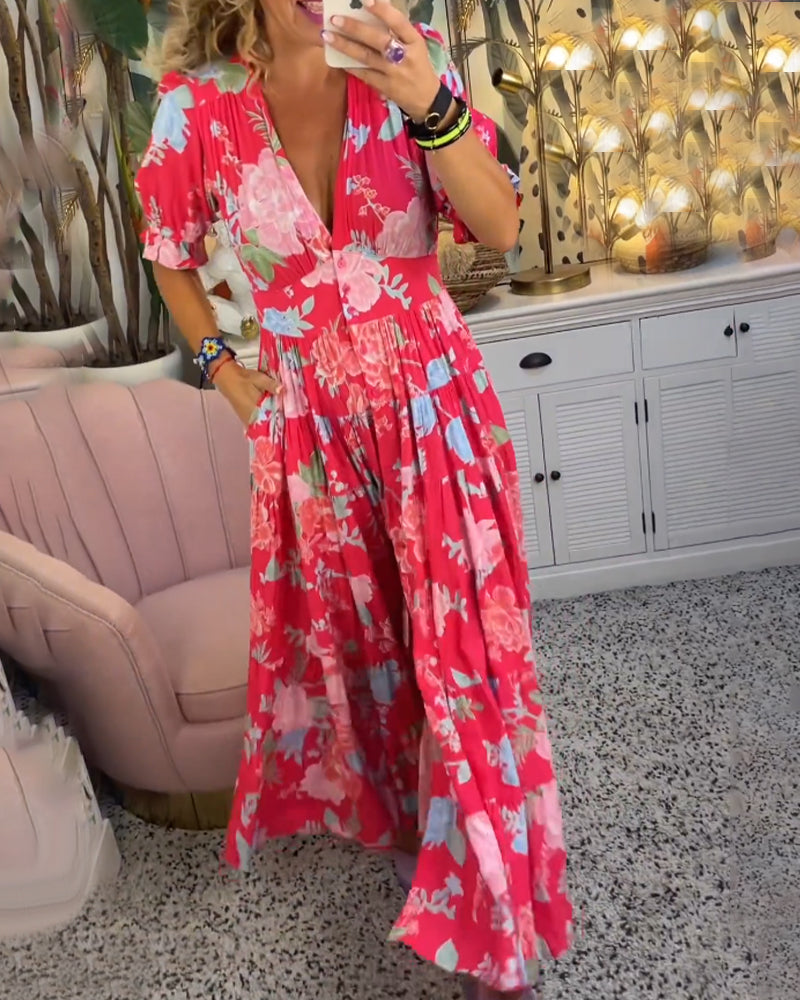 Adelaide - Kleid mit Blumenmuster, V-Ausschnitt und Taschen