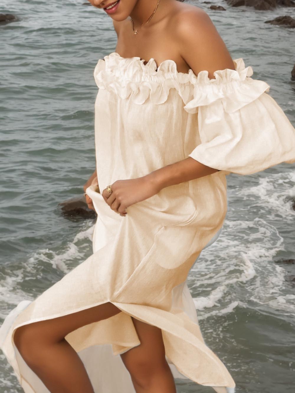 Volant-Off-Shoulder-Kleid mit Puffärmeln, Taschen und Midi-Länge