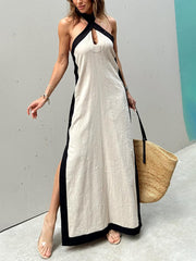 Halterneck Maxikleid mit Schlitz und Colorblock-Design