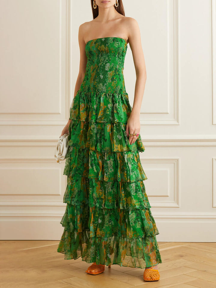 Schulterfreies, mehrlagiges Bandeau-Maxikleid mit Blumenmuster